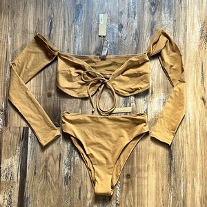 SKIMS Almond LongSleeved Bikini Top with the Mid Waist Bikini Bottoms